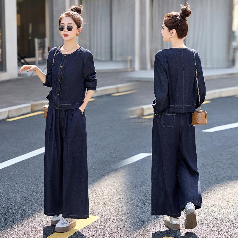 

Весна 2025 Ретро Джинсовый Костюм-Двойка: Повседневный комплект: куртка и брюки широкого кроя Small (90-110 catty) синий