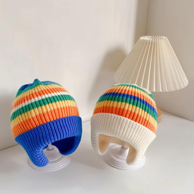 Winter Baby Knit Hat Korean Striped Rainbow Beanie Cap for Toddler Boys Girls Colorful Kids Warm Ear Protection Caps Bonnet