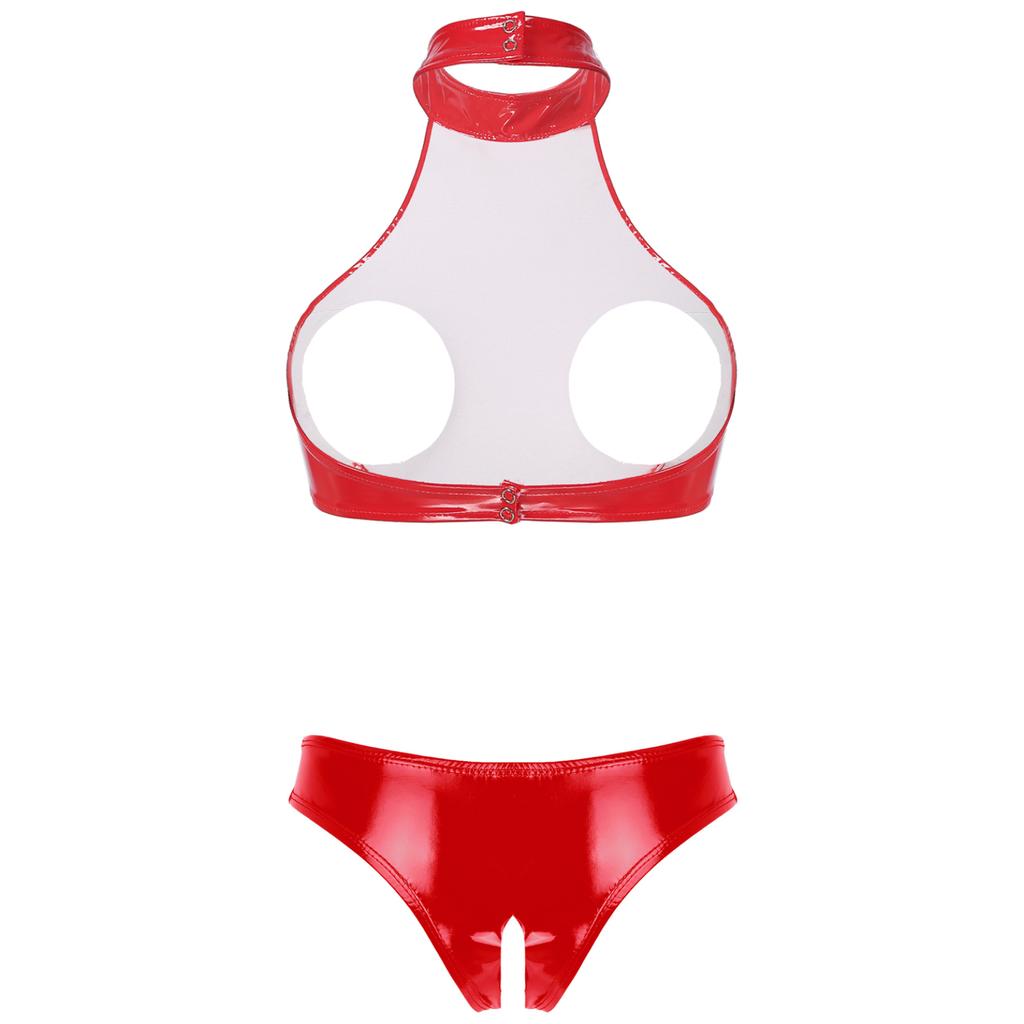 Women's PU Leather Hollow Out Lingerie 2 Piece Sexy Bra and Panty Sets
