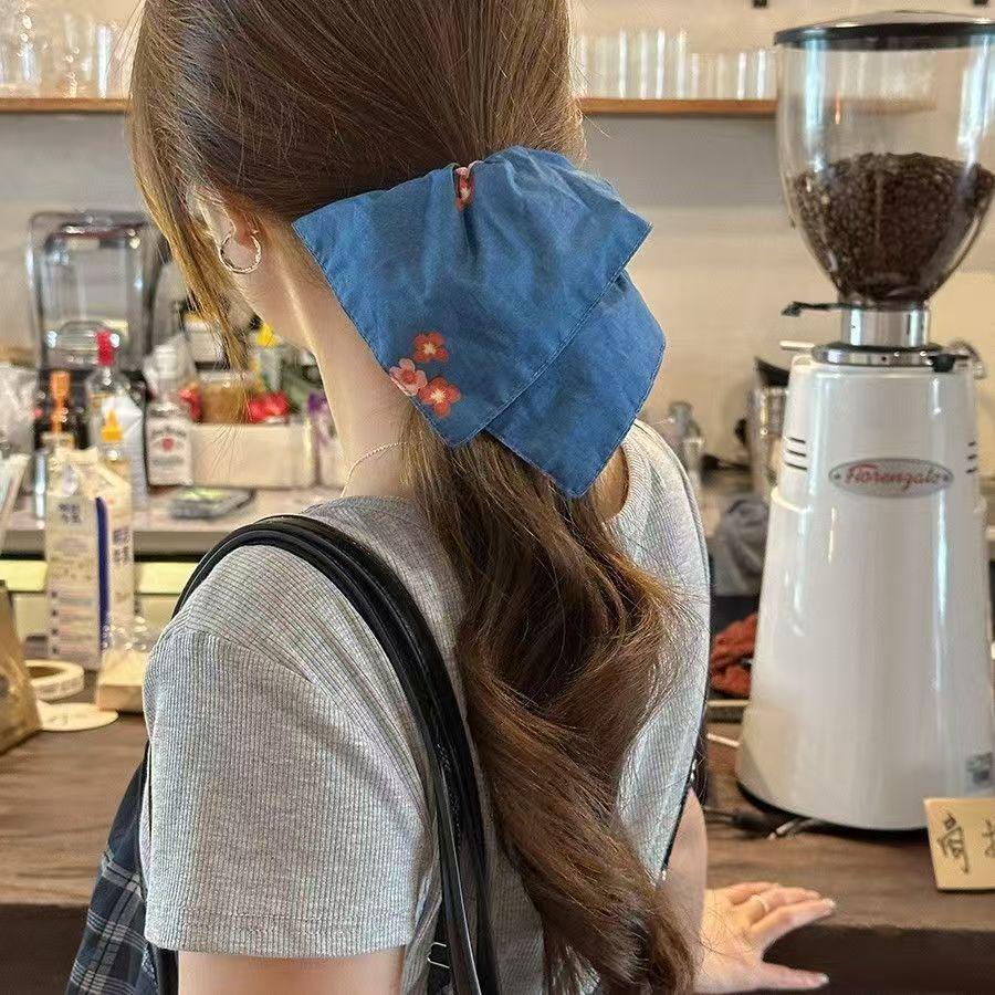 Korean Blue Floral Square Scarf Scrunchie Bun Hair Tie