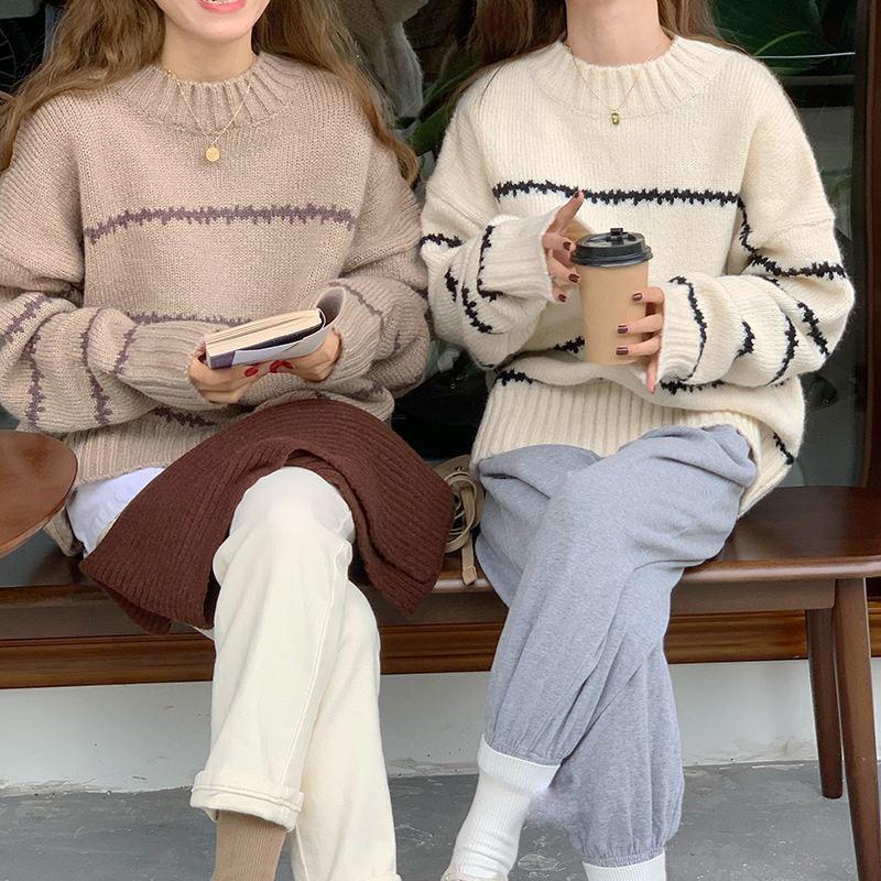 2023 Retro Japanese Striped Half-High Collar Sweater for Women: Thick, Loose, and Long-Sleeved for Autumn and Winter