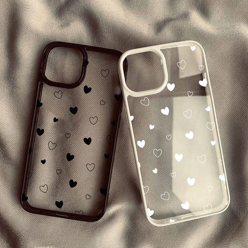 Cute Cartoon Black White Love Heart Phone Case For iPhone 14 Pro Max 16 15 13 Mini 11 12 XR XS X 7 8Plus Clear Hard Cover Fundas