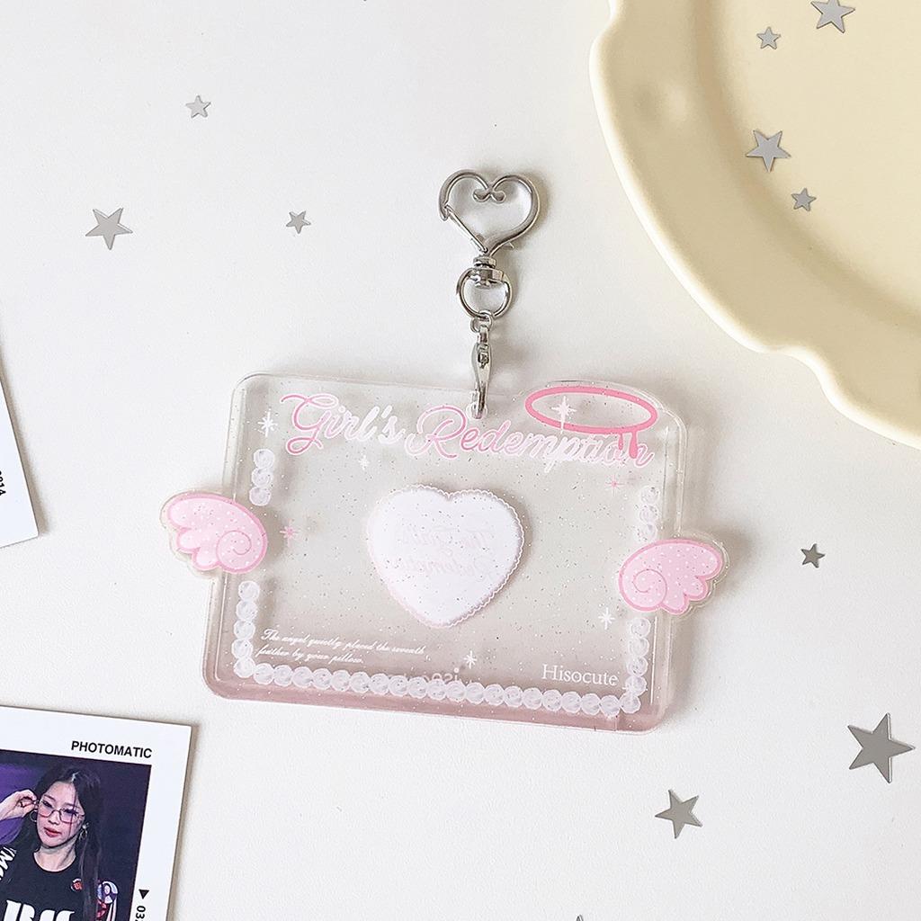 Photocard Holder Acrylic Kpop Keychain Kawaii Angel Wings Case Student Card Sleeves Transparent Heart Shape Photo Protector розовый