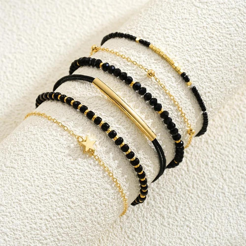 

Black Glass Stone Beaded Bracelet for Women Boho Style Handmade Jewelry Party Vacation Daily Accessories