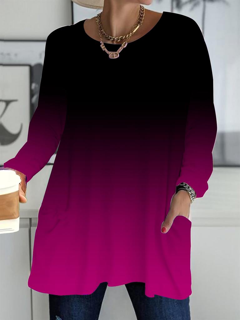 2025 Autumn Winter New Plus Size Women's Tops, Gradient Color 3D Print Fashion Crew Neck Long Sleeve T-Shirts