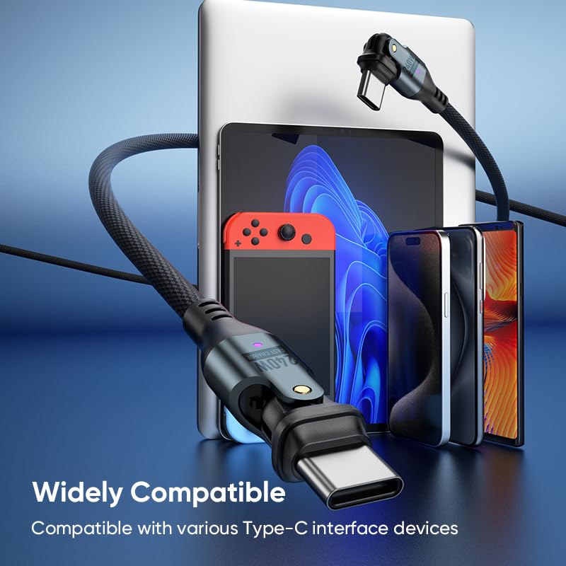 PD240W USB Type C To Rotatable 5A Fast Data Charging Compatible with Android and Other Devices Cable, USB-C USB-C, Right-Angled, 180° [1M + 1.8M],