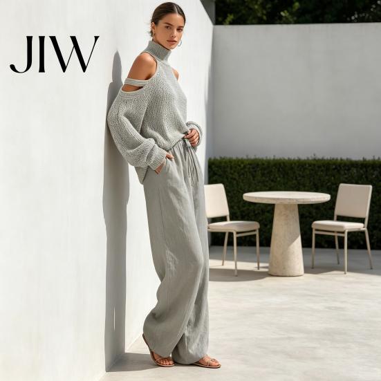 Relaxed Fit Clothing Autumn Women Sweater Pants Set, Cold Shoulder Knit & Wide Leg Ladies Daily Pants, Solid Color Long Sleeves Top Trousers Two Piece