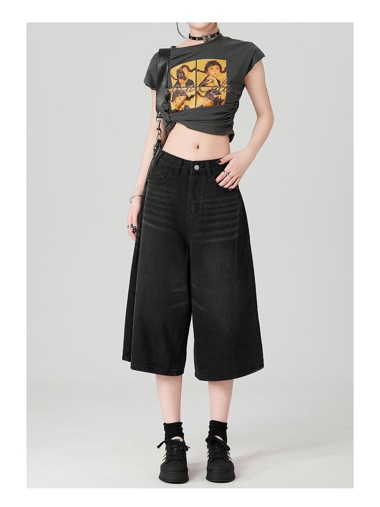 Women's Summer 2025 Light Blue High Waist Wide-Leg Denim Shorts