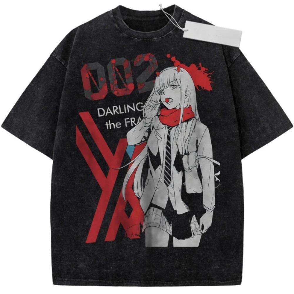 

DARLING in the FRANXX Zero Two 002 Anime Graphic T-Shirt Vintage Washed Black Cotton Streetwear Tee L
