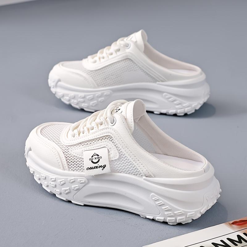 Летние модные дышащие сетчатые кроссовки на среднем каблуке - женские повседневные туфли на шнуровке с круглым носком и подошвой из термополиуретана - для активного отдыха полуслипон в стиле досуга 35 белый 1939₽