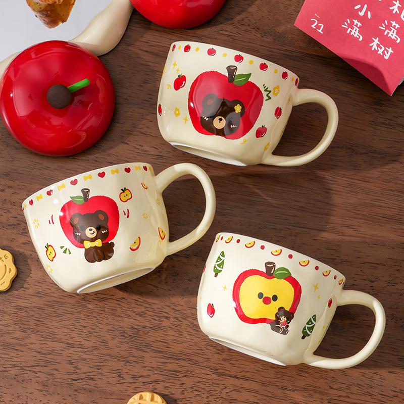Caneca Criativa Urso Maçã com Tampa Caneca Cerâmica Personalidade Fofa Caneca para Café Leite Casa Escritório