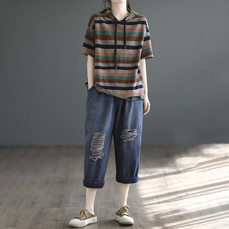 T-shirt for Women Summer Large Size Cotton T-shirt Soft Loose Striped Casual Comfortable Pullover T-shirt Top