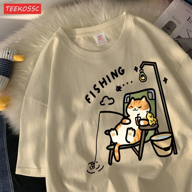 

The Kitten Is Fishingcotton Women T-Shirts Cartoons Printing T Shirts Loose O-Neck Soft Short Sleeve Tops Summer Woman Clothes S