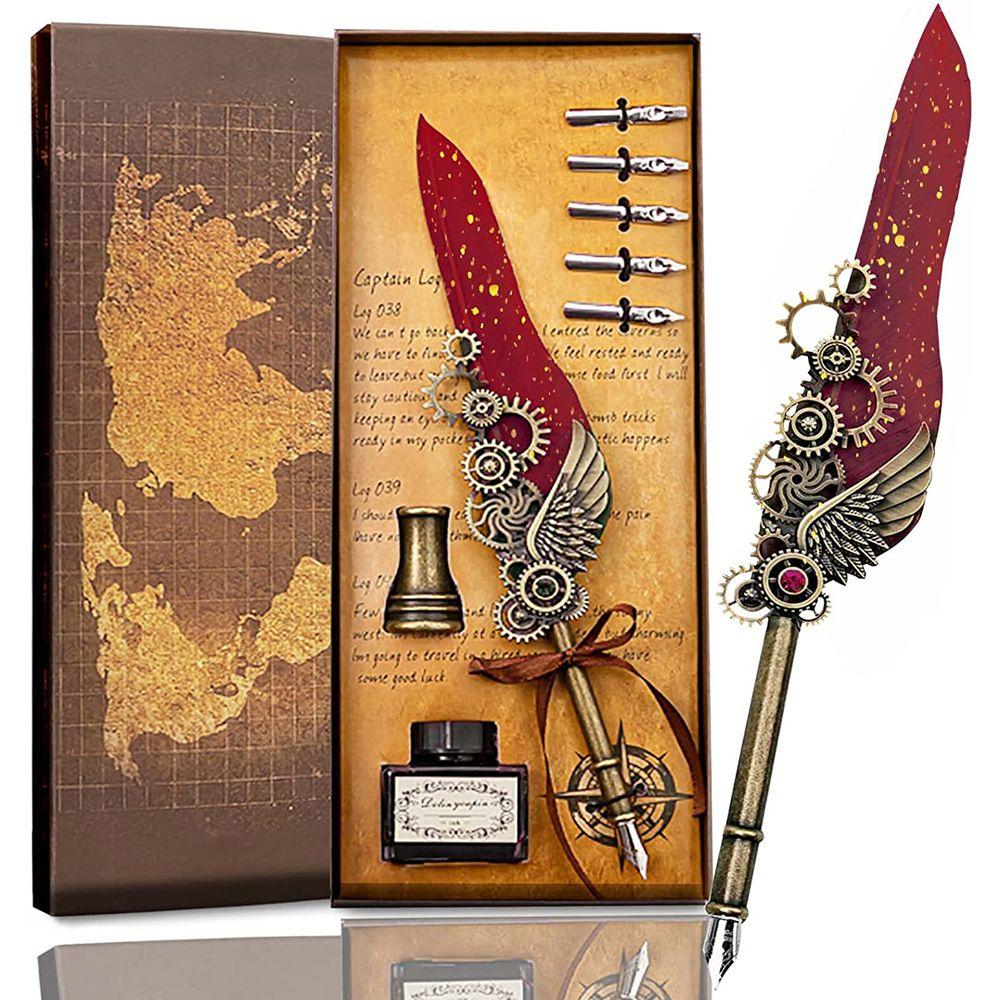 Office Supplies Carving Glittering Quill Pen Set Writing Dip Pen Feather Pen Set Feather Dip Pen