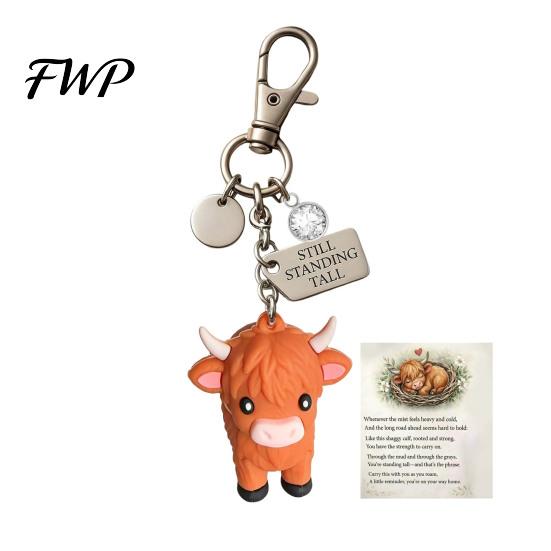 Metal Keychain A Little Highland Cow for You Keychain, 3D Resin Keyring with Birthstone Charm & Sentiment Card, Your Daily Reminder of Quiet Strength