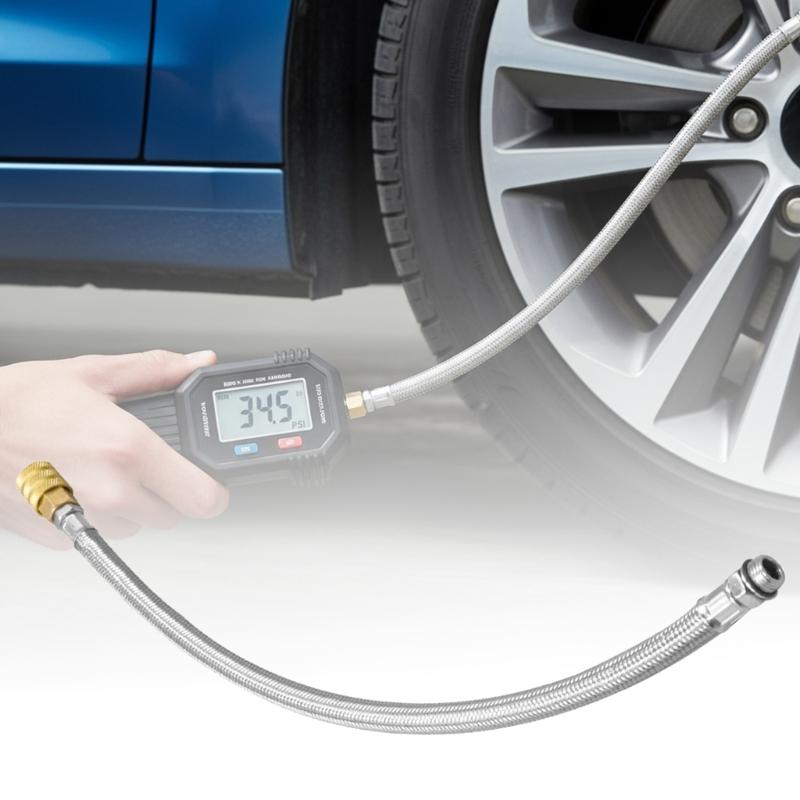 Push Pull Auto Locking Tire Chuck 12.5mm Threaded Brass Air Connector For Automotive Tires Includes 45.8cm Metal Air Hose