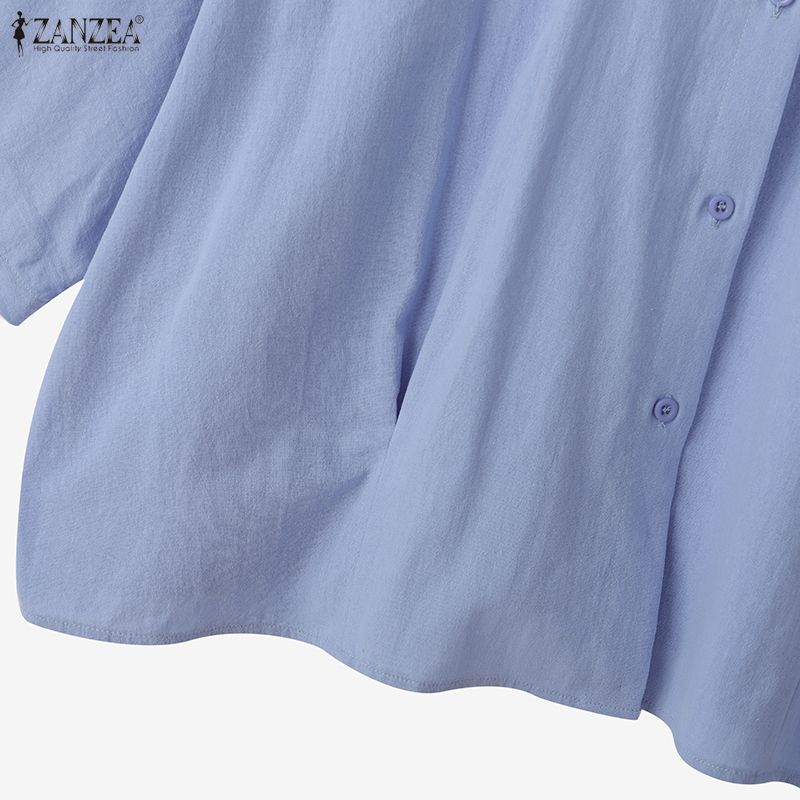 ZANZEA Women Casual Round Neck Solid Color Loose Long Sleeve Cotton Blouse