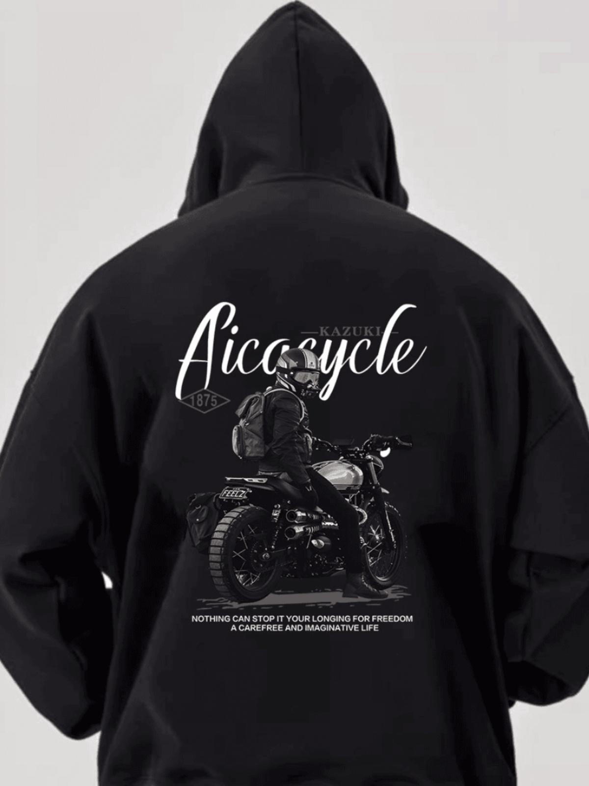 

American New Retro High Street Hiphop Motorcycle Locomotive Print Hooded Sweater Men s and Women s Autumn and Winter New Tops 3XL