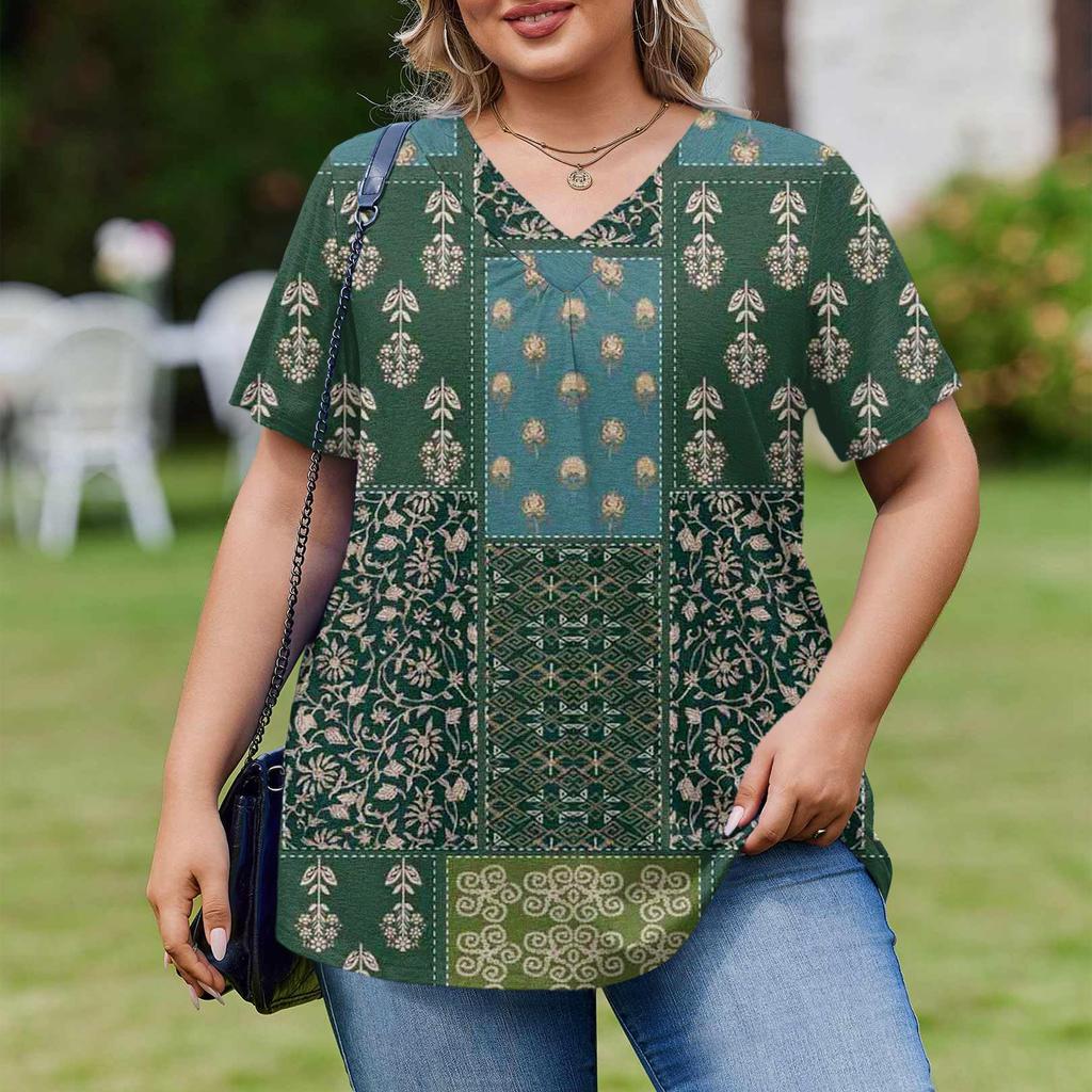 Women's Plus Size Fashionable Casual Loose-Fit Short Sleeve Elegant V Neck Blouse For Work