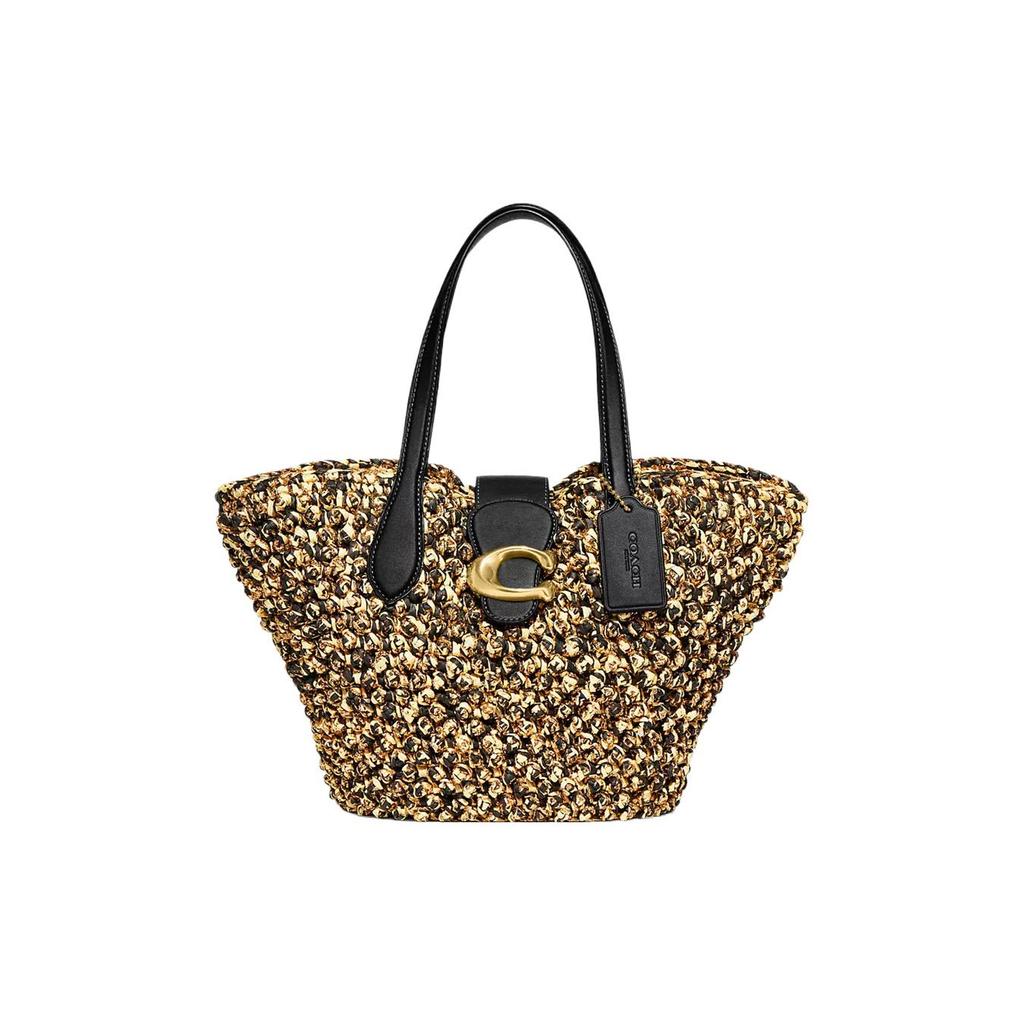 New COACH Straw Leather Dumpling Bag Handbag, Shoulder Bag Women's Gold & Black CH741-BNABK