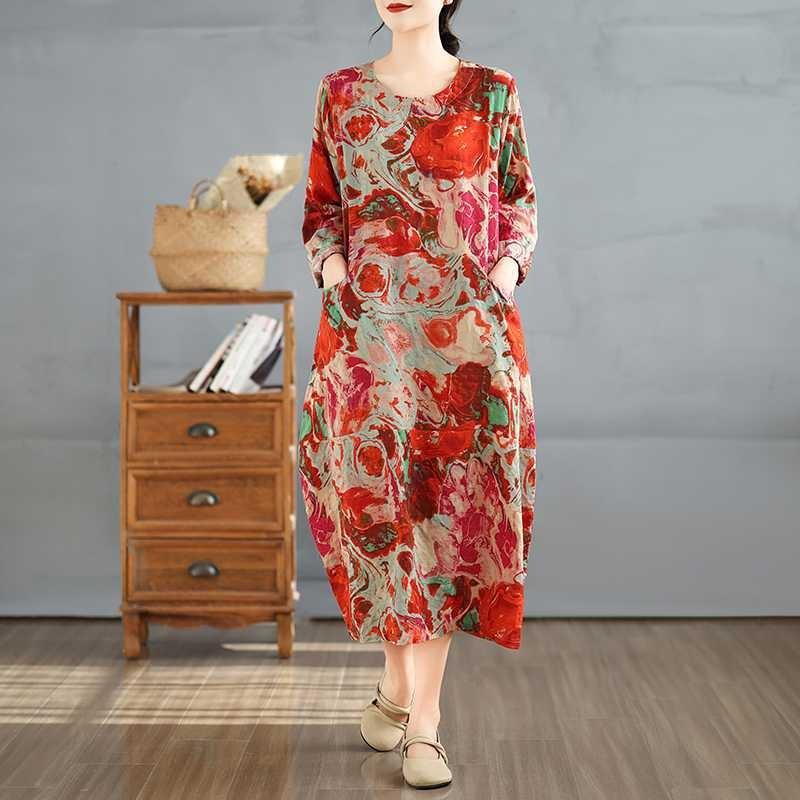 2025 Retro Printed Round Neck Long Sleeve Patchwork Dress Women