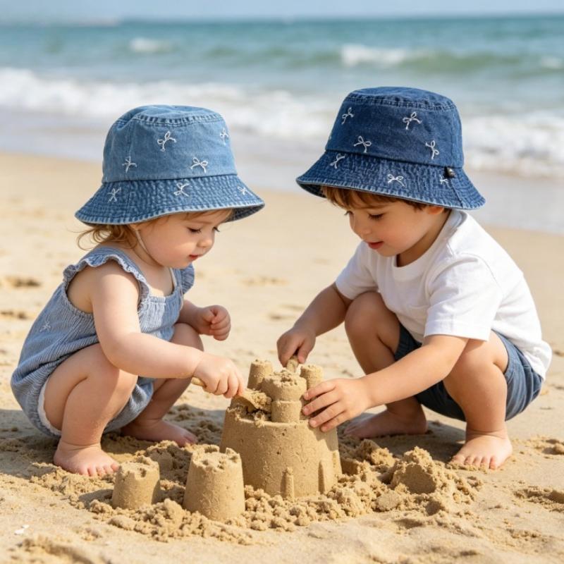 Kinder Fischerhut 50cm 1-3 Jahre Gestickte Schleife Jeans Sonnenhut Outdoor Reise Frühling Herbst Jungen Mädchen Mode Sonnenschutz