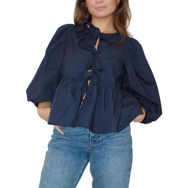 Spring and Summer Sweet and Casual Lace-up Striped Women's Blouses & Shirts
