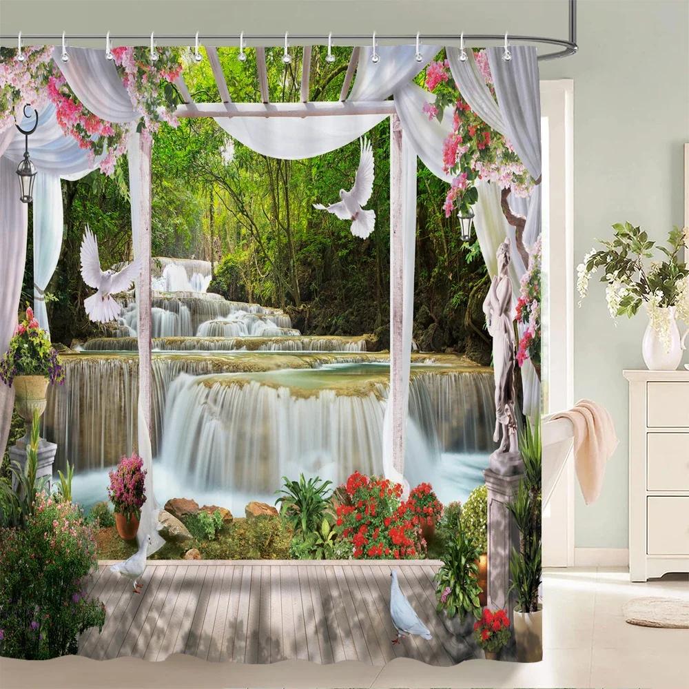 

3D Beautiful Rural Garden Flowers Birds Scenery Printing Shower Curtain Polyester Waterproof Curtains Bathroom Partition Screen W60H190(CM)-1 Pcs