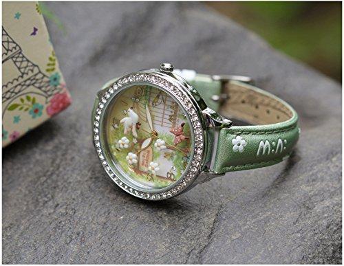 Damski zegarek na rękę dziewczęcy zielony kwarcowy analogowo-cyfrowy wyświetlacz model zagraniczny W291 trójwymiarowy ręcznie robiony masa polimerowa latający ptak.