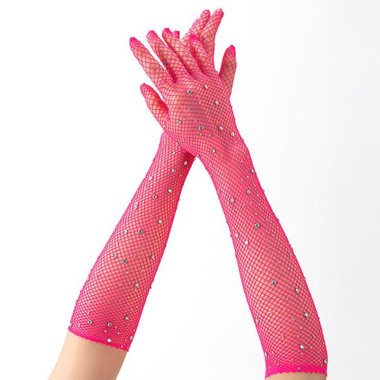 Long Rhinestone Fishnet Gloves for Women Sparkly Mesh Elbow Length Gloves for Rave Party Halloween Wedding Costume Accessories