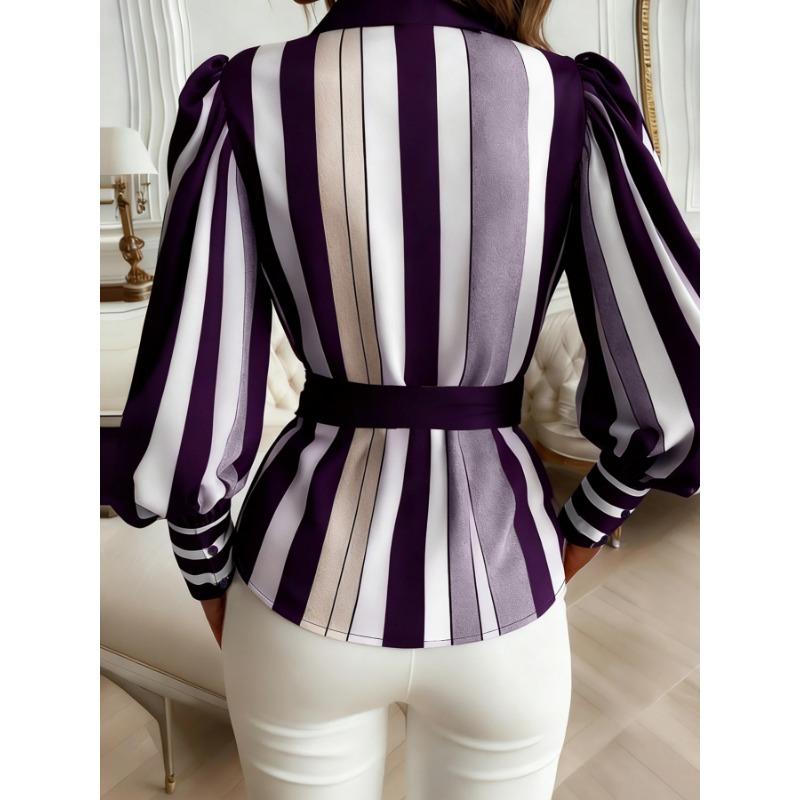 Spring and Autumn New Women's Tops with Bows Fashionable and Casual Long-sleeved Striped Shirts