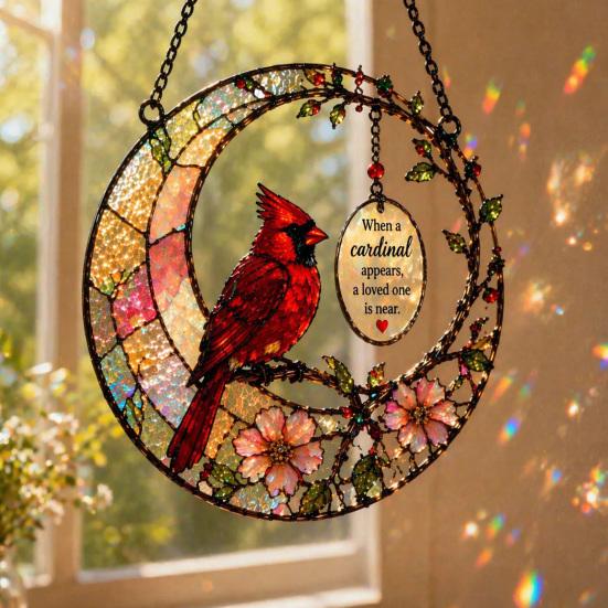 Red Bird Memorial Suncatcher Stained Glass Style Bird on Branch Window Hanging Decor Gift for Loss of Loved