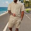 Men's Summer Solid Color Pocket Short Sleeve Button Lapel Shirt Shorts Set