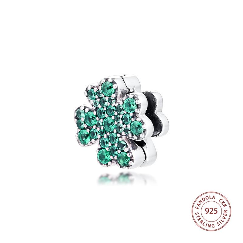 Authentic 925 Sterling Silver Pave Four-Leaf Clover Clip Charms Beads DIY Jewelry Making Fits Reflexions Charm Bracelet 2020 New