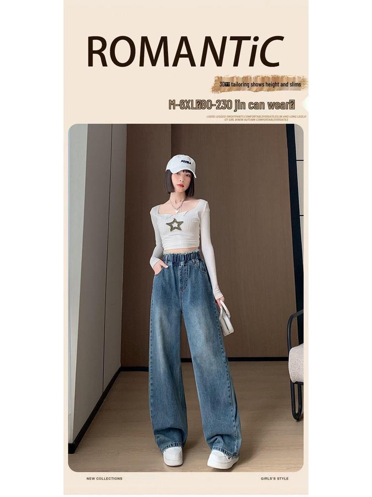 Women's Plus Size High Waist Fluffy Denim Jeans, Floor-Length, Wide Straight Leg, Loose Fit, Autumn/Winter, Slimming, Fits Up To 200 Jin