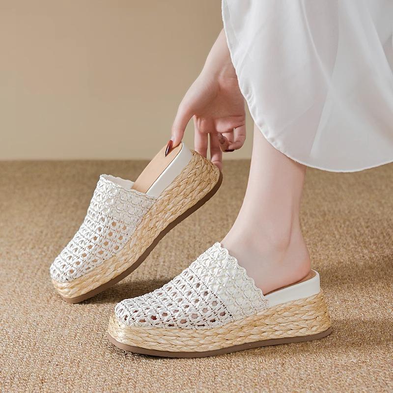 Baotou Summer Thick-soled Wedge Heels Women's Shoes with Perforated Mesh Half Slippers