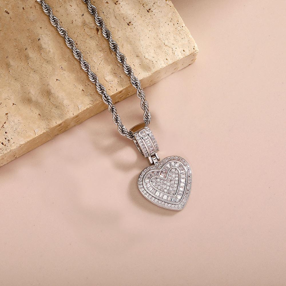 Gold Color Iced Out Heart Pendant Necklace For Men AAA+ Cubic Zirconia Stainless Steel Rope Chain hip-hop women's Accessories
