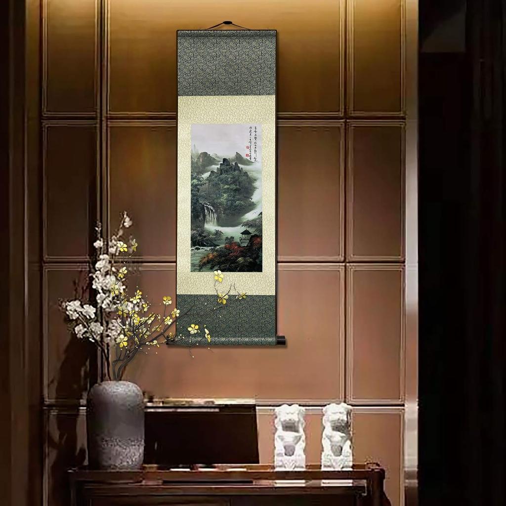 AtfArt Asian Wall Decor - Beautiful Silk Scroll Painting of Waterfall River Landscape - Mountain Spring Autumn Color Oriental Decor Chinese Art Wall