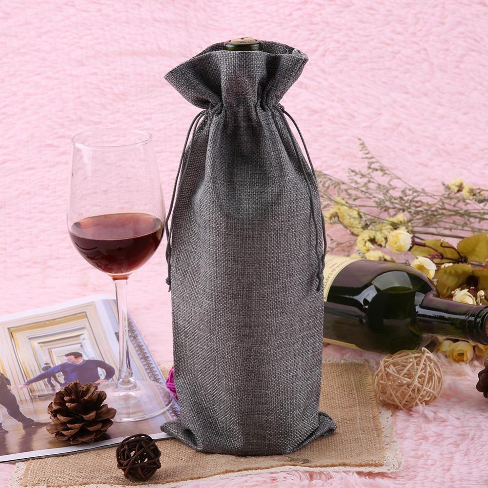 12pcs Grey Linen Fabric Wine Bag Drawstring Closure Burlap Wine Bag Wedding Favors серый