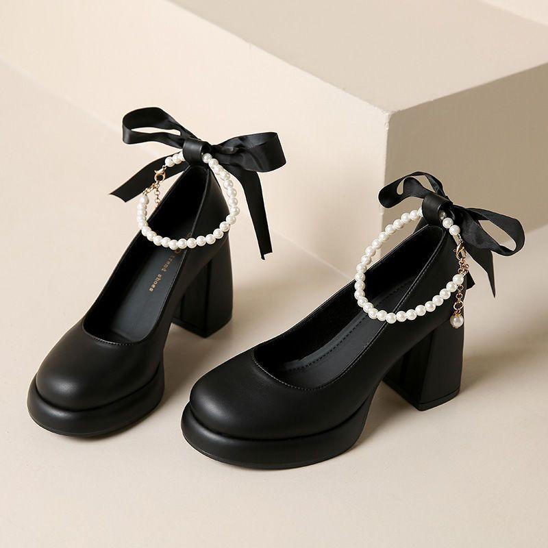 Französische Mary Jane Damenschuhe 2025 neue Temperament Einzel Schuhe weiße Hochzeitsschuhe mit Rock wasserdichte Tisch dicker Absatz hohe Absätze
