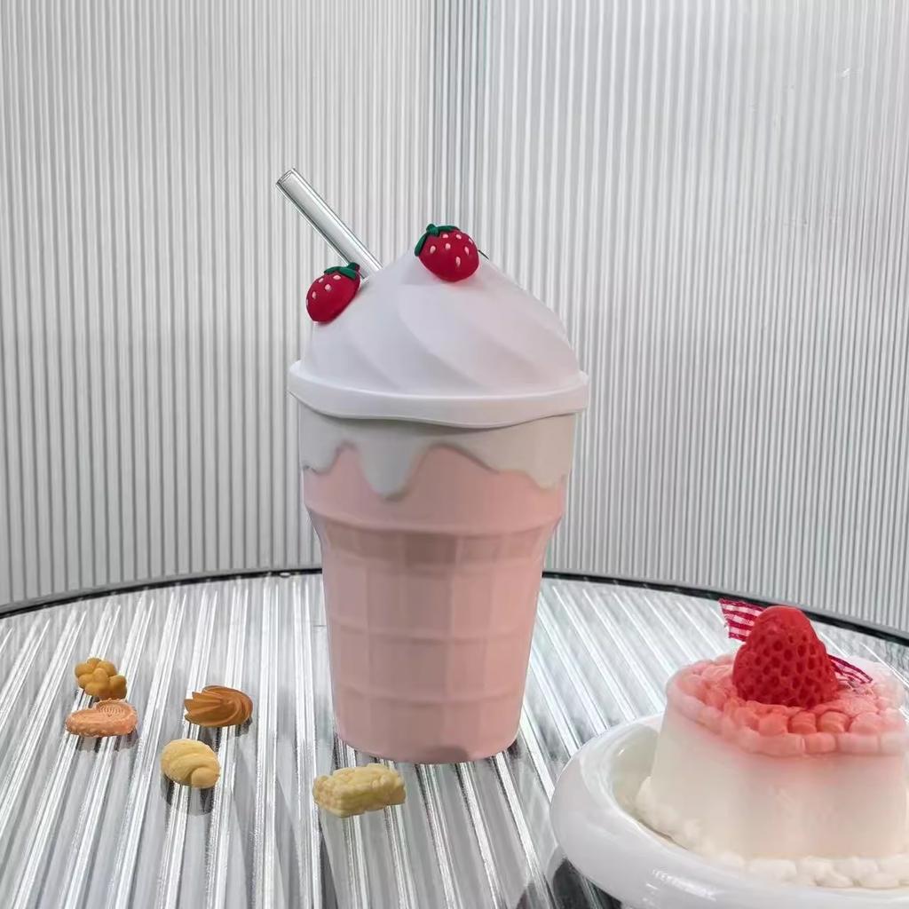 Cute Creative Ice Cream Mugs for Women 300ml Strawberry High Aesthetic Ceramic Cup with Lid Straw Household Exquisite Water Cup
