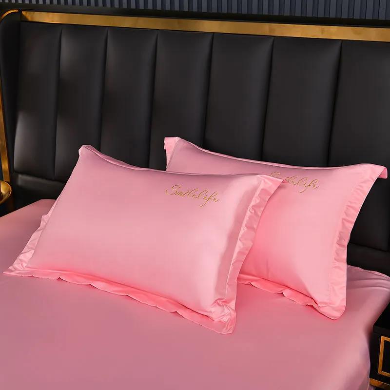 Pillowcase Summer Cool Ice Silk Pillow Cover Embroidered Solid Color Washed Ice Silk Pillow Cover Two Pack 4874cm
