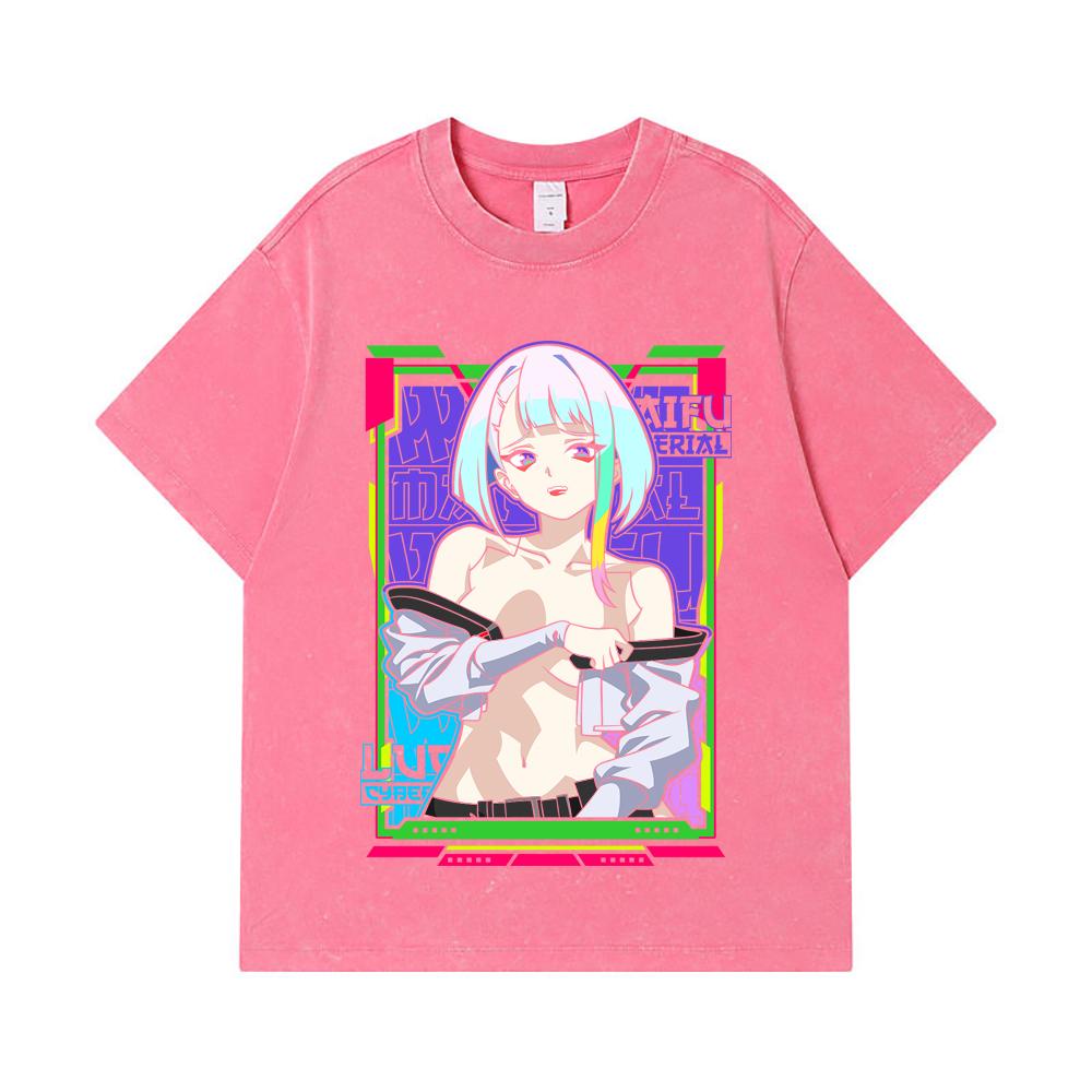 275 GSM Gewaschene T-Shirts 100% Baumwolle Cyberpunk V11 Lucy Waifu Print Unisex Schweres Baumwoll-T-Shirt
