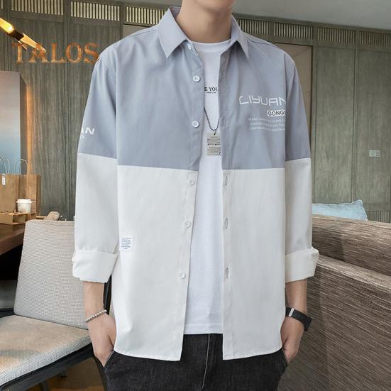 Vår høst herre skjorte turn-down krage trykt colorblock button-down cardigan løs Streetwear Young Cargo Style skjorte kåpe