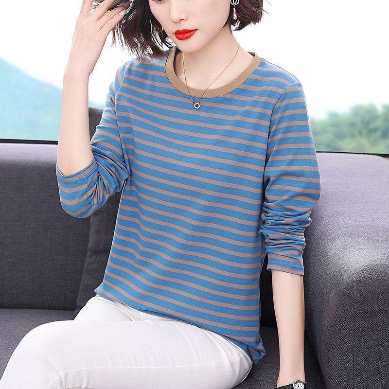 Women S Plus Size Long Sleeve Striped T Shirt Korean Style Base Layer
