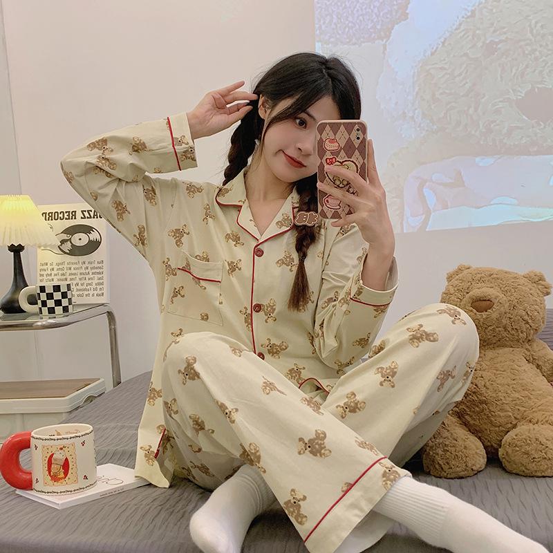 Women's Striped Long-Sleeve Cardigan Pajama Set - Korean Style