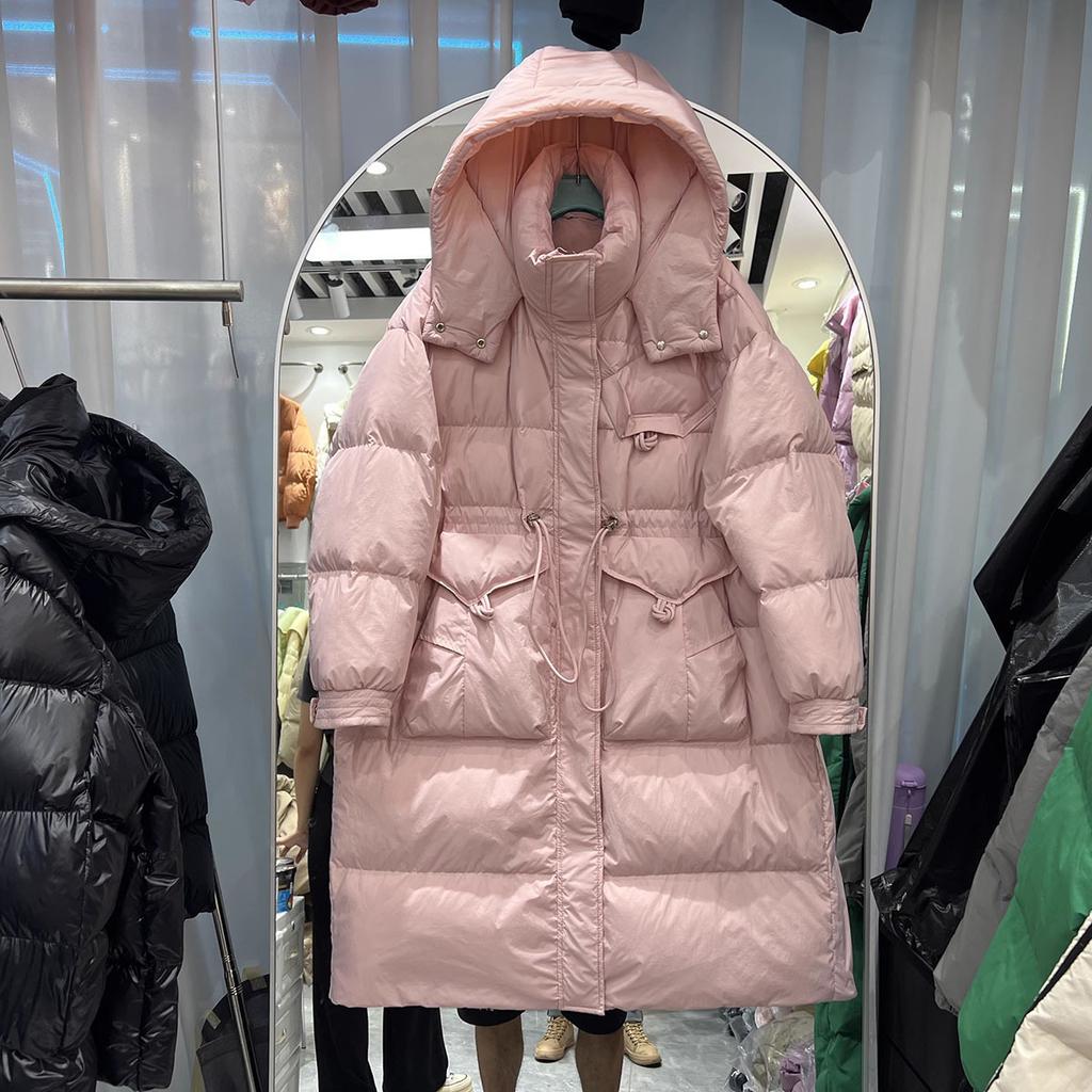 Winter new product loose hooded white duck down jacket women's thickened long waist thin button large size coat