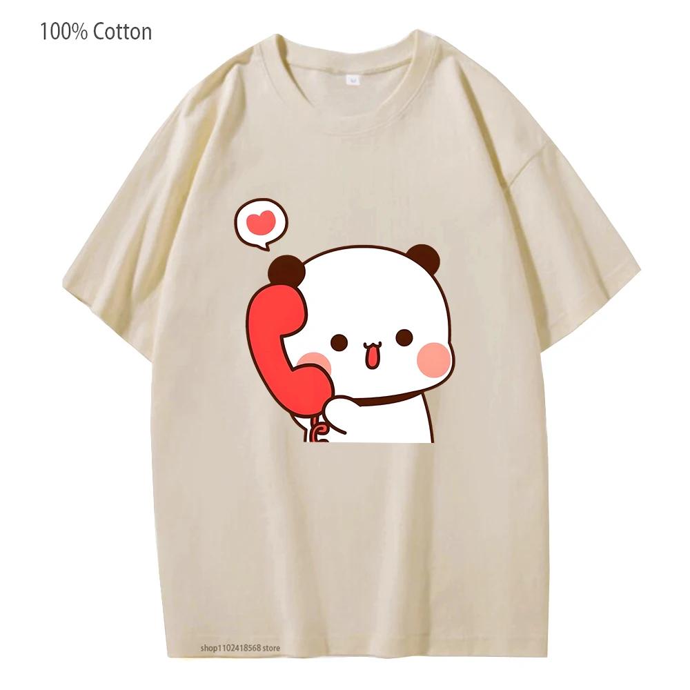 Couple T-Shirts Bubu Is Making A Call with Dudu Tshirt Cotton Clothes Women Panda and Brownie Bear Graphic Tops