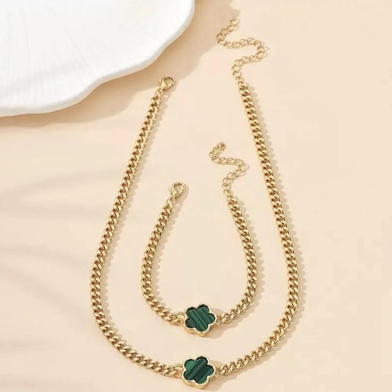 Five-petal Flower Bracelet Necklace Set for Women Lucky Five-leaf Clover Earring Necklace Girl Party Accessories Gifts