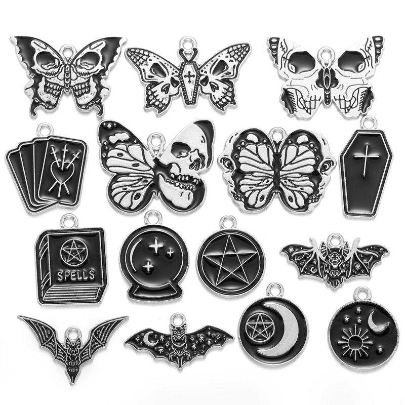 10pcs Enamel Charms Halloween Black Skull Butterfly Charms Pendant Designer CharmsFit Jewelry Making DIY Jewelry Findings W345